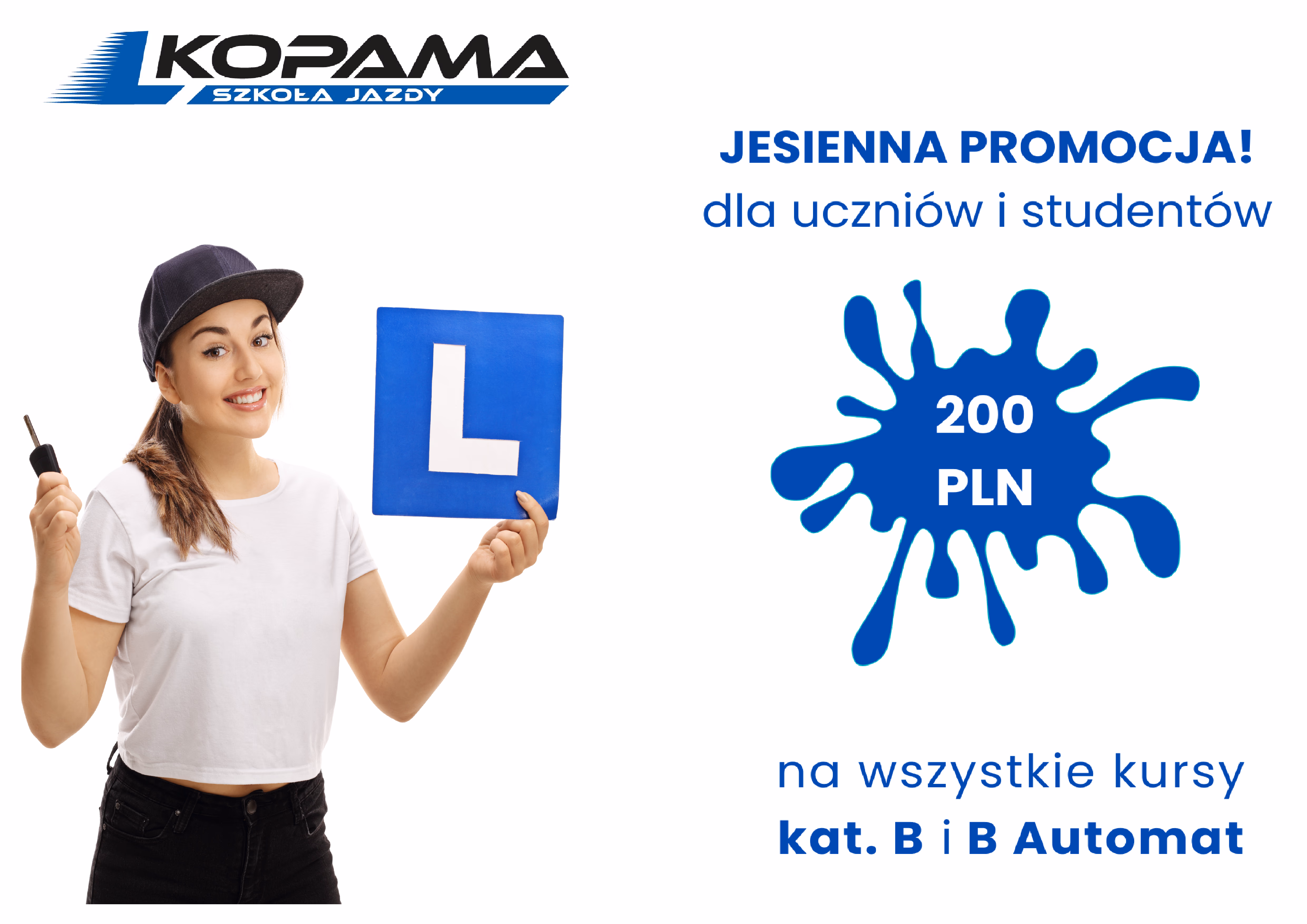 Plakat promocyjny jesiennej promocji kursu prawa jazdy kat. B OSK KopaMa WrocławPromocja na kurs prawa jazdy kat. B dla uczniów i studentów we Wrocławiu - Wrocław - optimized