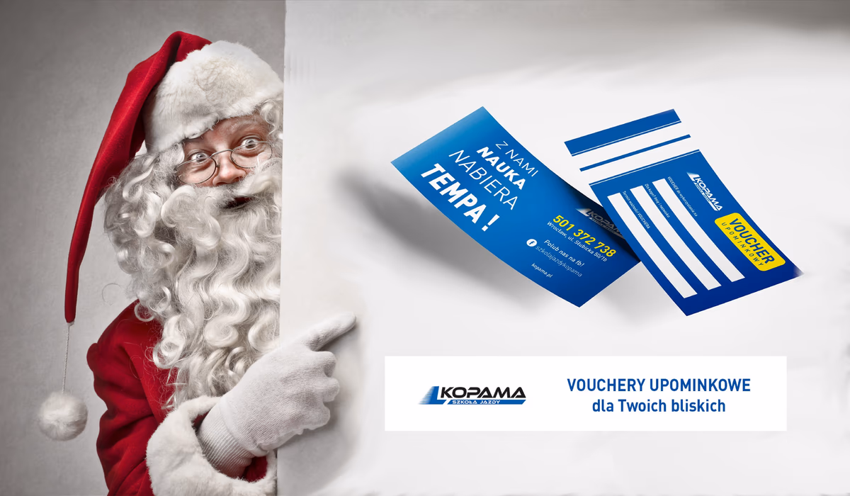 Mikołajkowy kupon podarunkowy na prawo jazdy kategorii B z zimową grafiką.Świąteczny voucher na kurs nauki jazdy lub jazdy doszkalające – idealny prezent mikołajkowy. -  - optimized