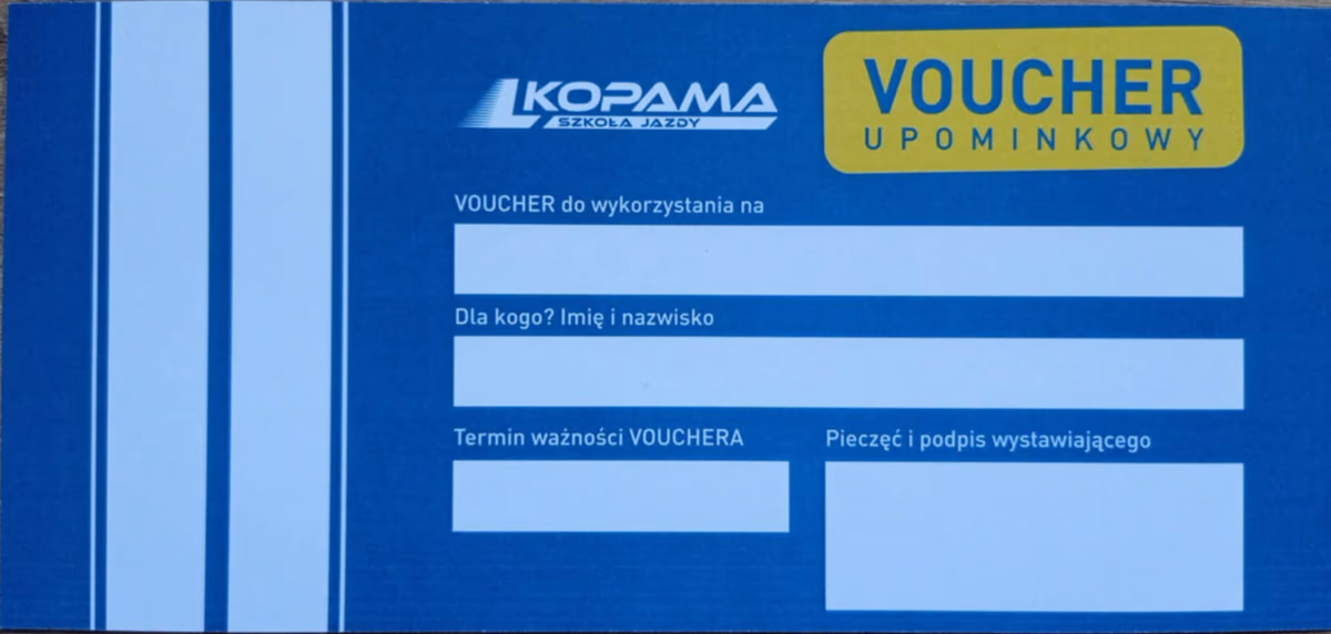 Kupon podarunkowy na prawo jazdy kategorii B z wizerunkiem samochodu. Elegancki voucher na kurs nauki jazdy lub jazdy doszkalające - prezent na różne okazje. -  - optimized
